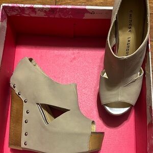 Chinese Laundry Beige Peep-Toe Wedges